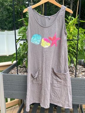 Fresh Produce Women's Gray Slub Cotton Drape Tank Dress Pockets Sz M Beach Coast